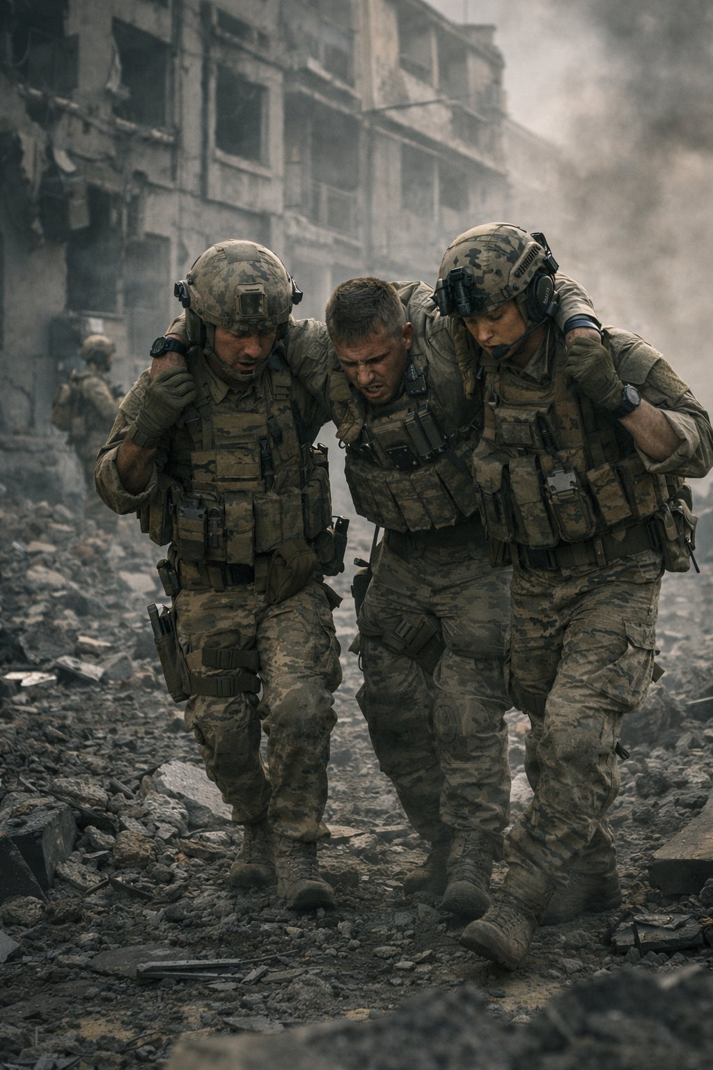 Soldiers evacuating through bombed ruins
